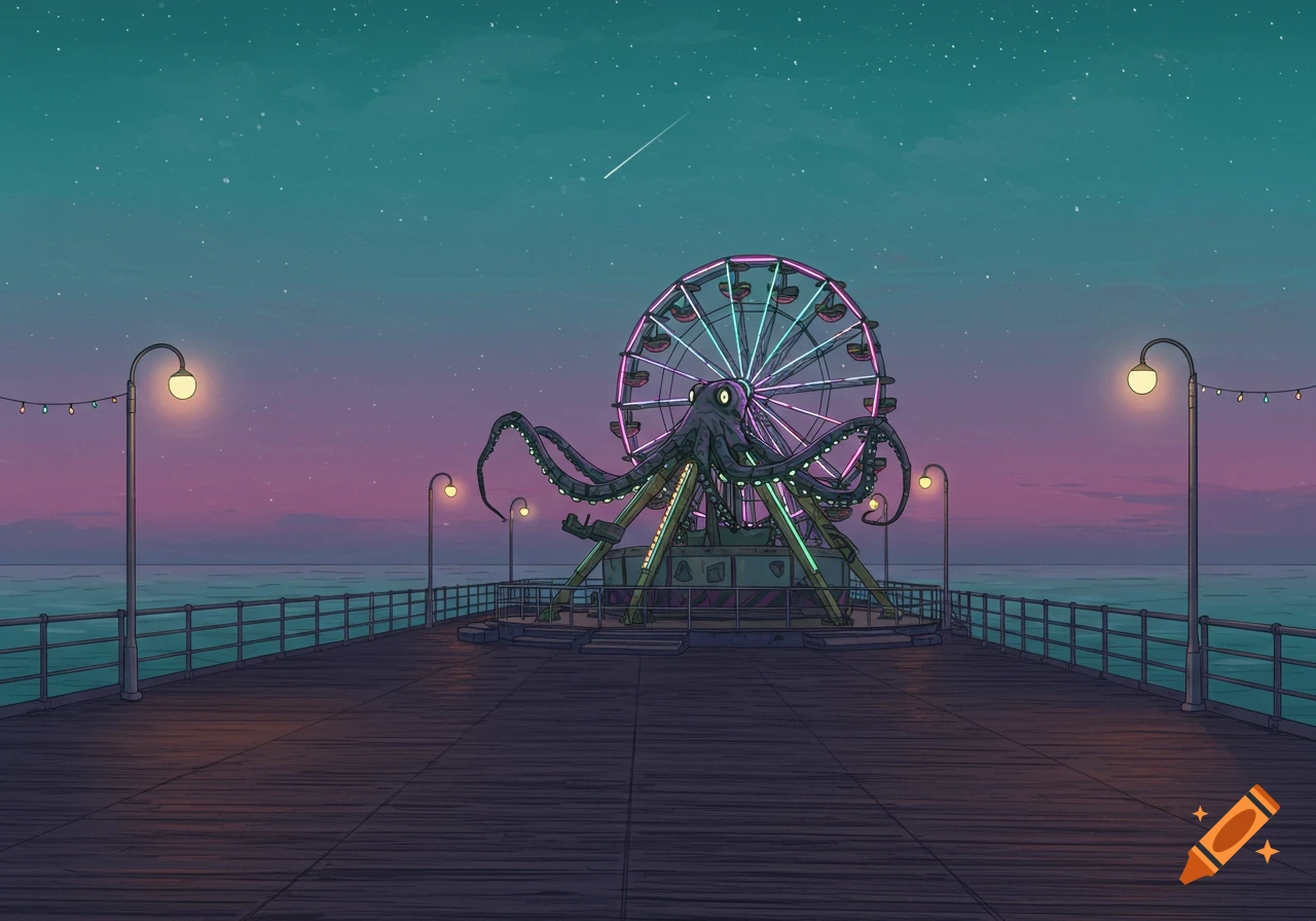 Dreamy illustration of a mechanical octopus carnival ride on a pier at twilight under a starry sky.