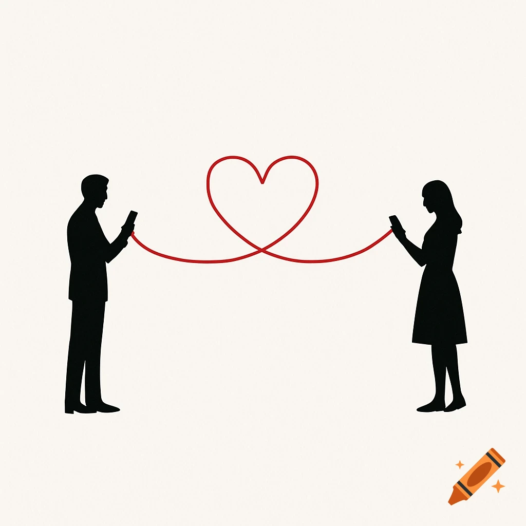 Minimalist silhouette of man and woman holding phones, connected by red heart-shaped line.