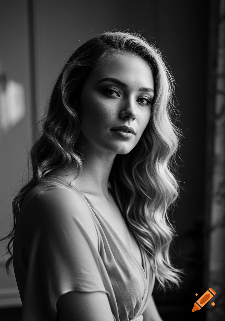 Black and white photorealistic portrait of a beautiful woman with wavy hair, softly lit.