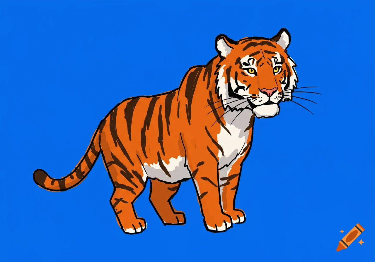 Stylized drawing of a tiger on a blue background