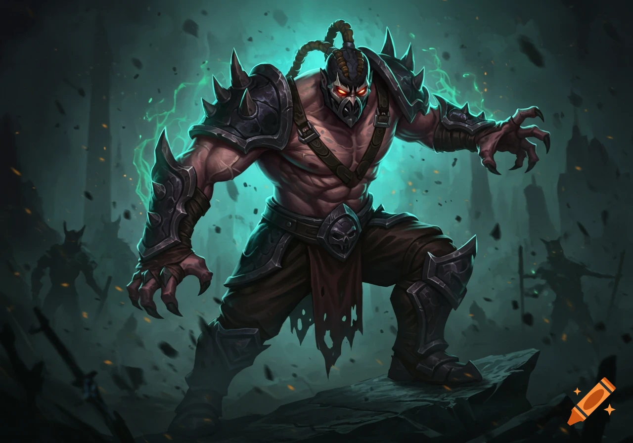 A muscular, masked character in dark fantasy armor with glowing eyes and green energy, standing in a ruined landscape.