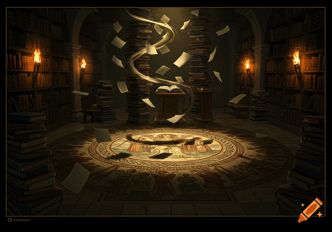 Ancient fantasy library interior with towering book stacks, floating papers, torchlight, and a detailed floor mosaic.