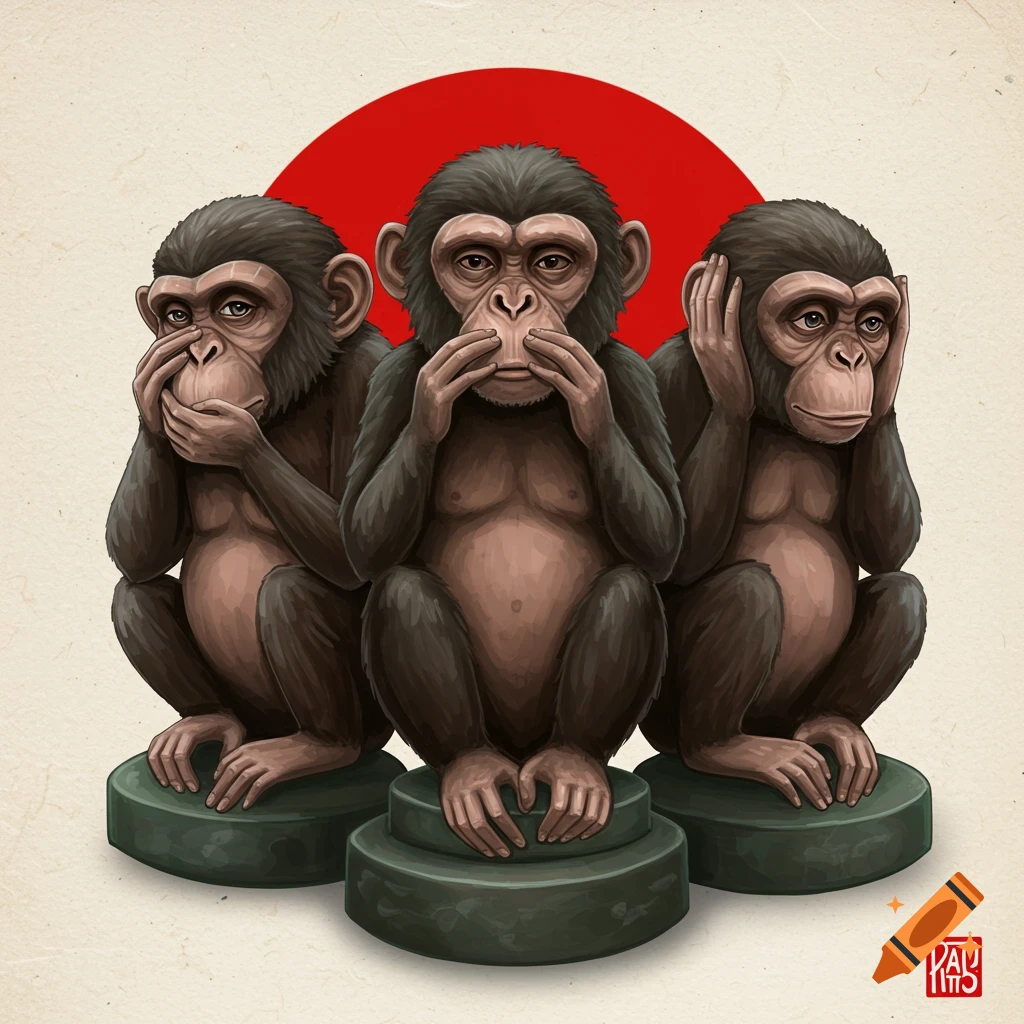 Stylized illustration of three monkeys sitting on pedestals, one covering its eyes, one its mouth, and one its ears, against a red circle on a beige background.