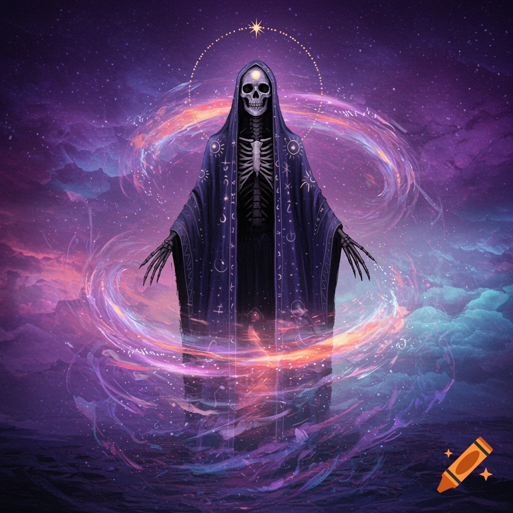 Skeleton figure in a hooded cloak surrounded by cosmic energy swirls against a starry background