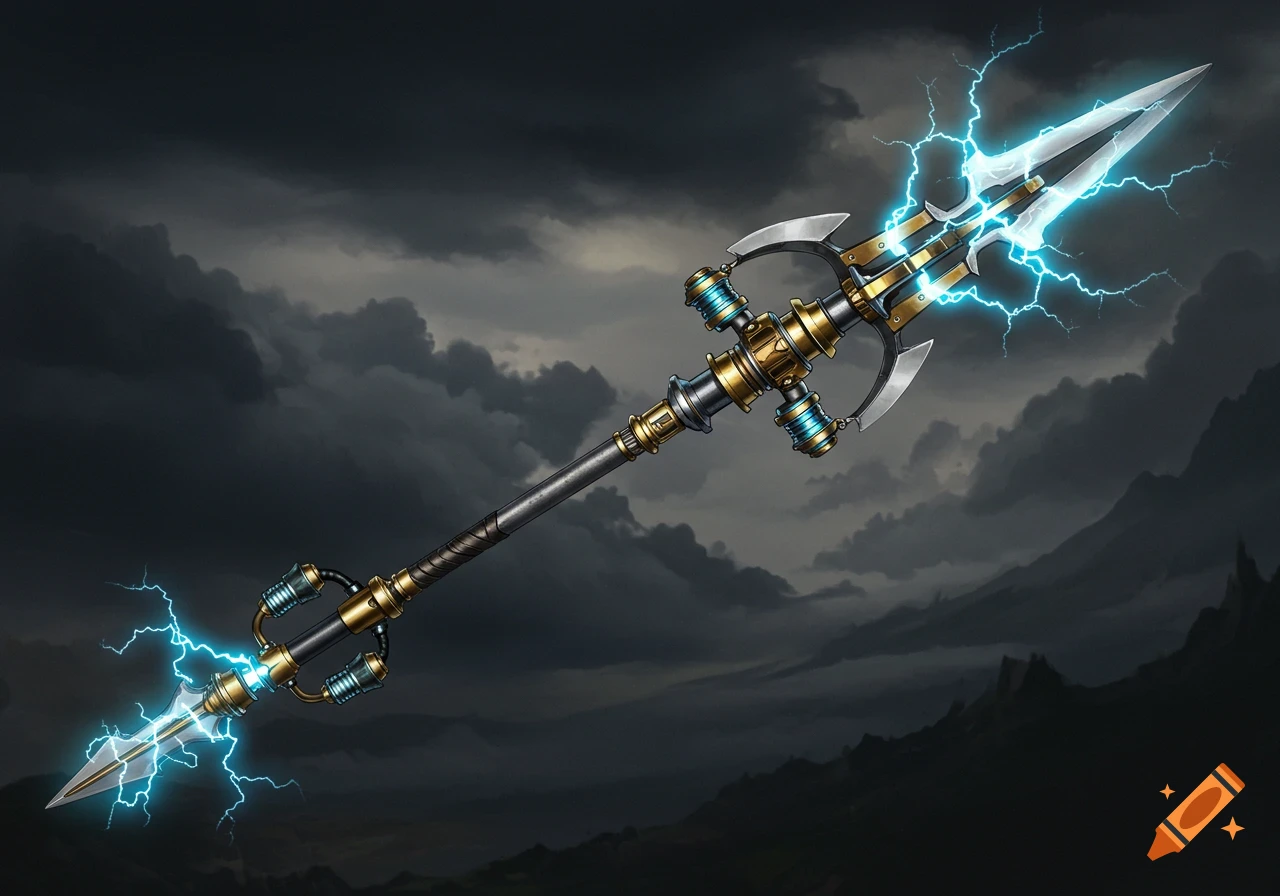 A fantasy lightning weapon or spear against a stormy sky.