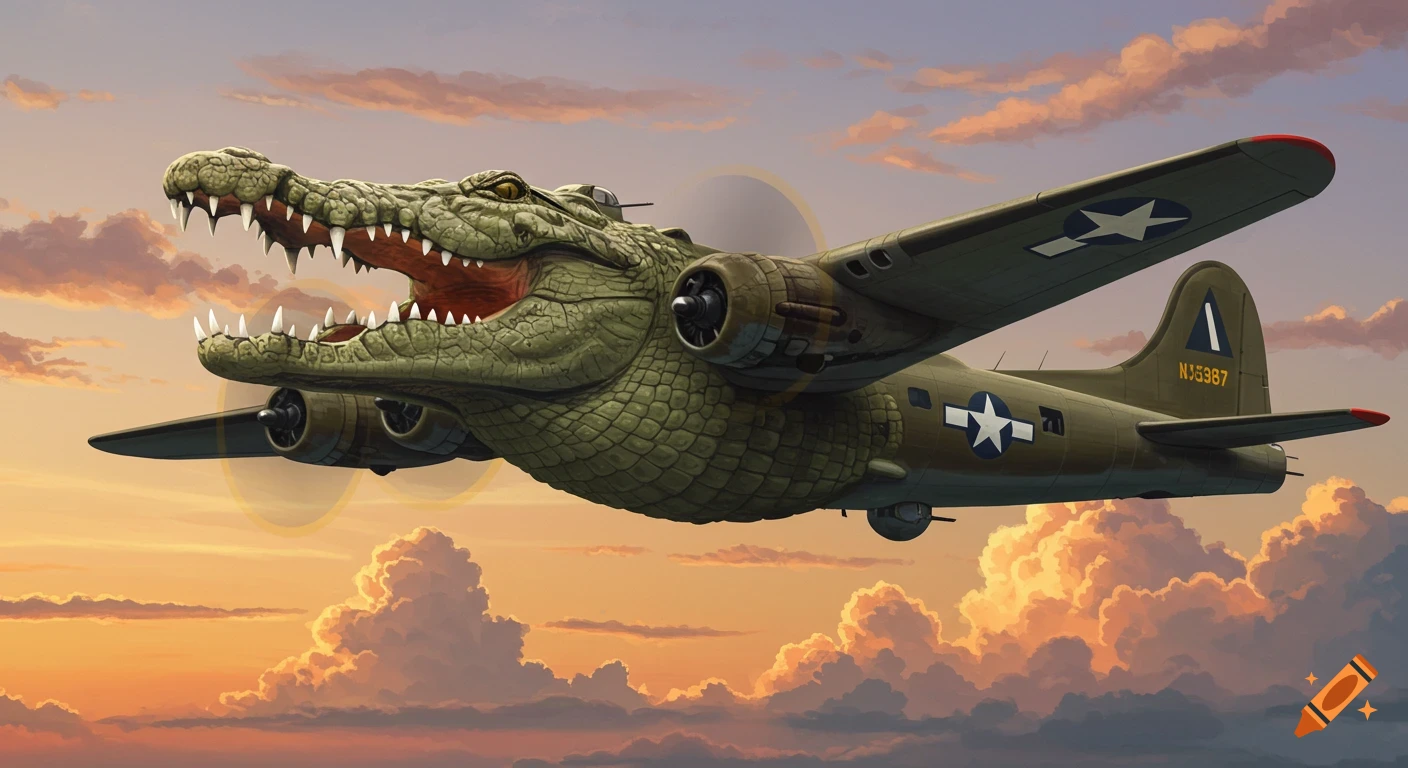 Illustration of a bomber plane with a crocodile head flying through a sunset sky.
