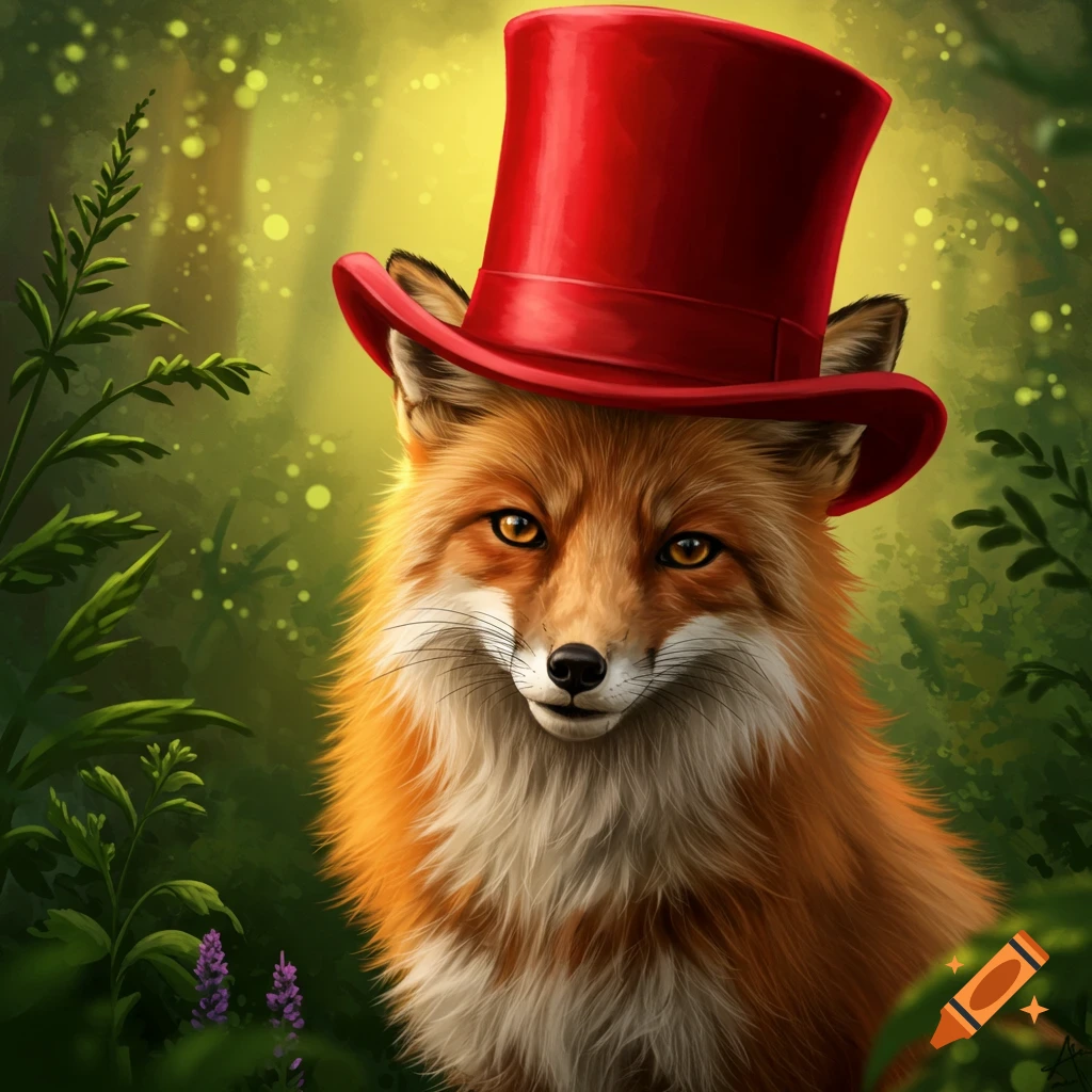 A fox wearing a red top hat sits in a forest clearing.