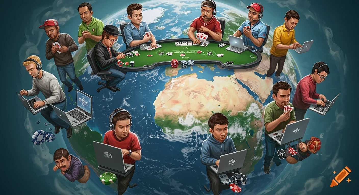 Illustration of diverse people playing online poker on laptops around a poker table set atop a globe.