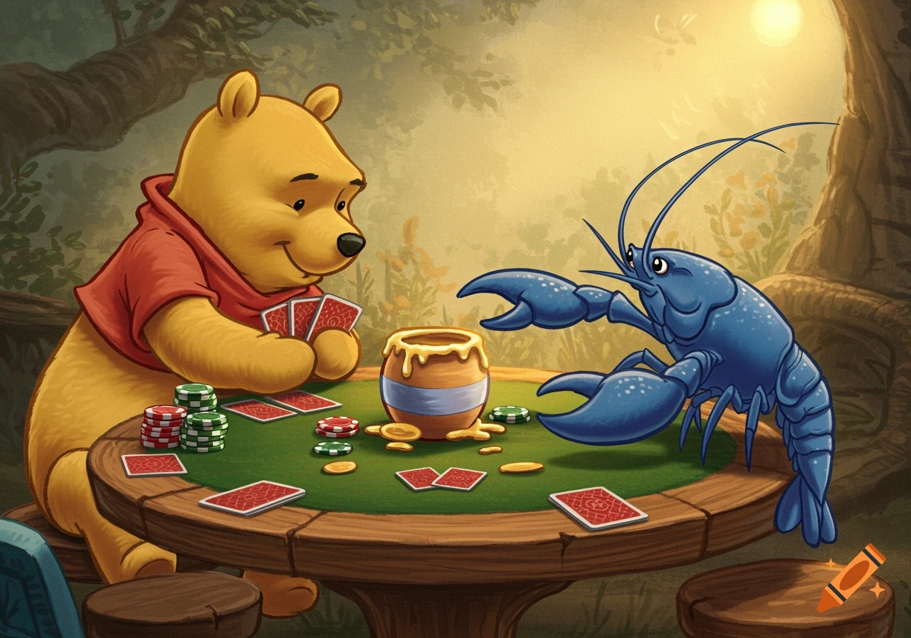 Winnie the Pooh plays poker with a blue crawfish at a table with cards, chips, and a honey pot