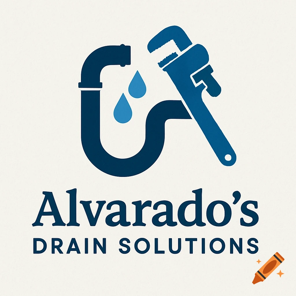 Plumbing logo with pipe, wrench, water drops, and company name 'Alvarado's Drain Solutions'