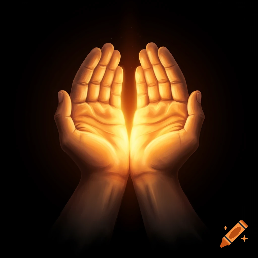 Two open hands glowing with bright golden light on a black background.