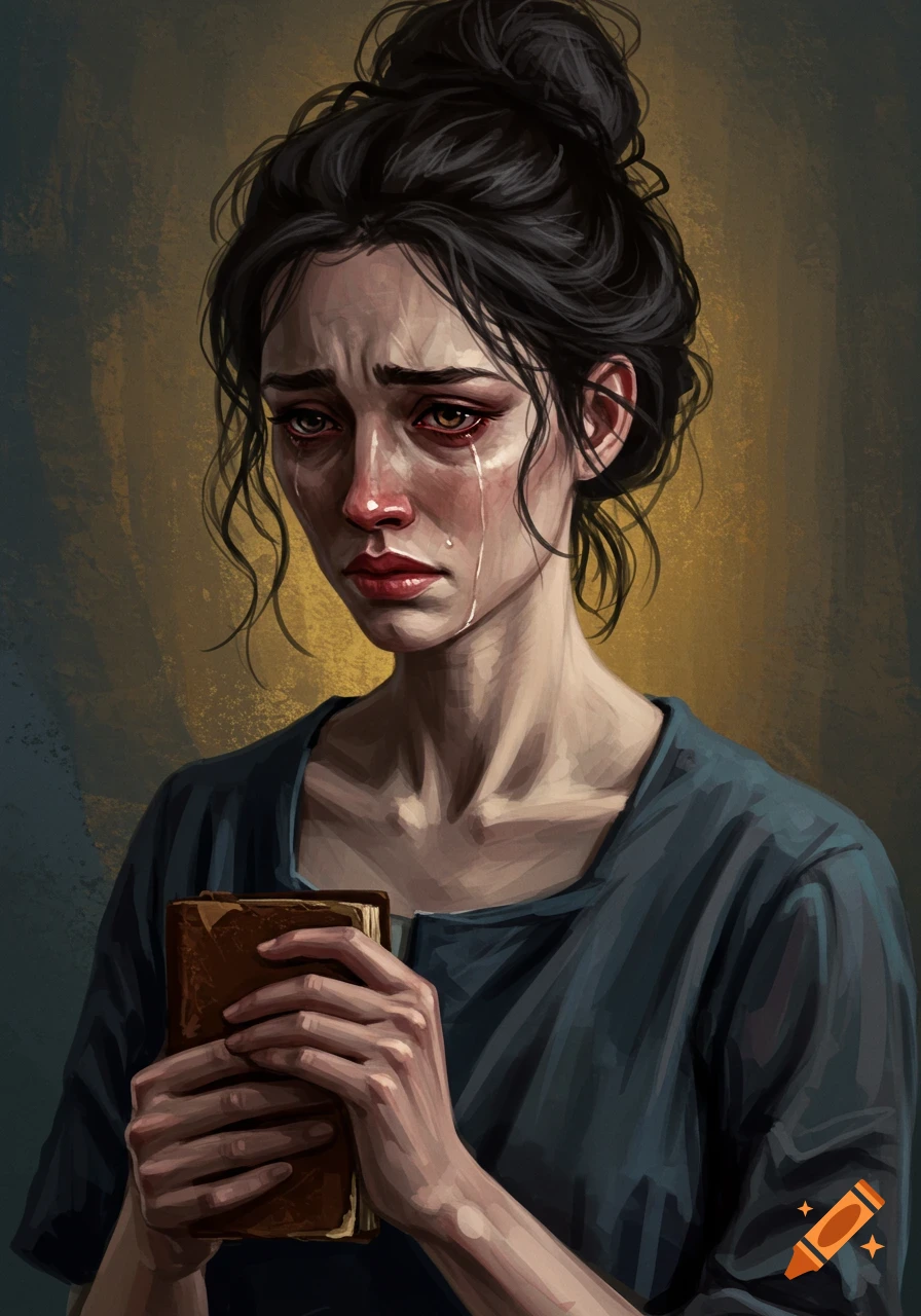 Digital painting of a sad woman crying while holding a book.