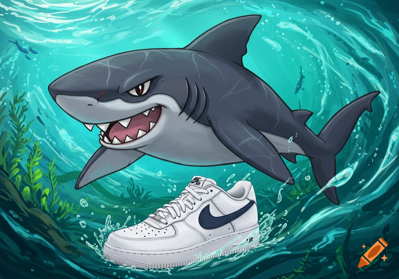 Cartoon illustration of a shark underwater with a Nike sneaker.