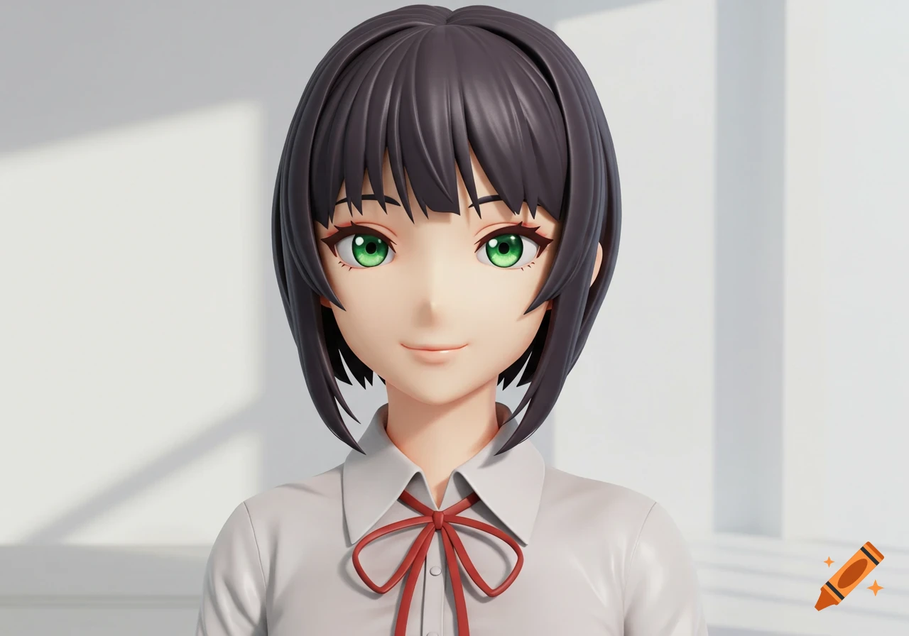 Portrait of an anime girl with dark hair, green eyes, white shirt, and red bow tie