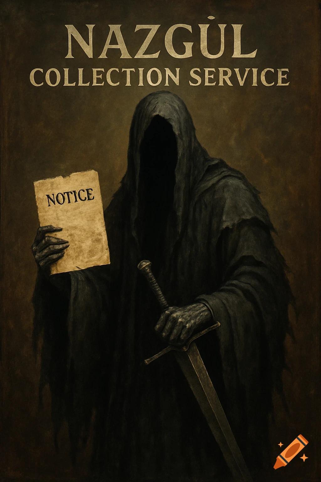 Dark fantasy art of a Nazgul figure holding a sword and a paper notice, with text 'NAZGUL COLLECTION SERVICE' above.