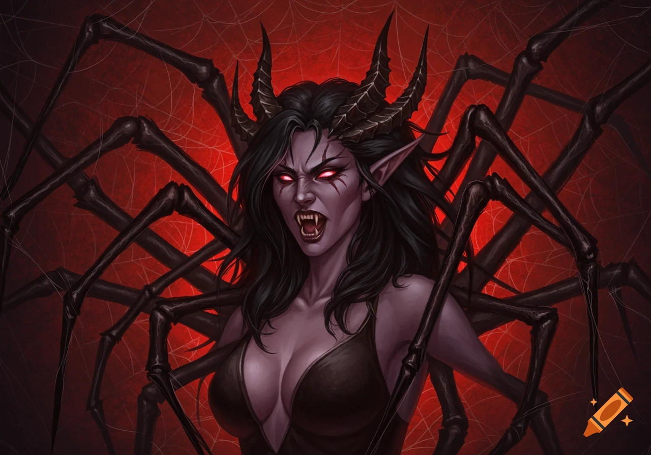 Dark fantasy portrait of a woman with horns, fangs, red eyes, and spider legs on a red webbed background