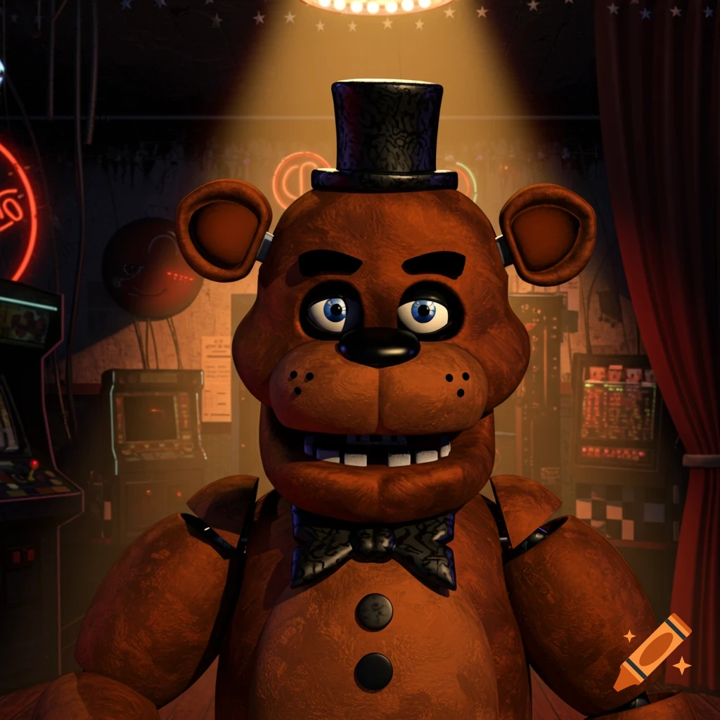 Close-up portrait of Freddy Fazbear the animatronic bear in an arcade setting.
