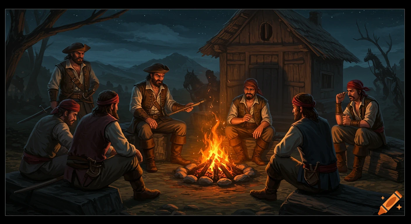 Brigands gathered around a campfire at night, telling a story near a wooden shack.