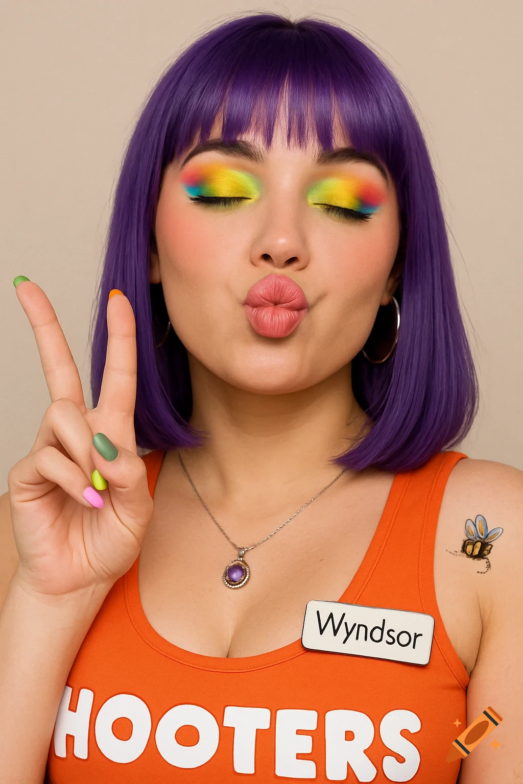 Woman with purple hair and colorful makeup in Hooters outfit, making a kissy face and peace sign.