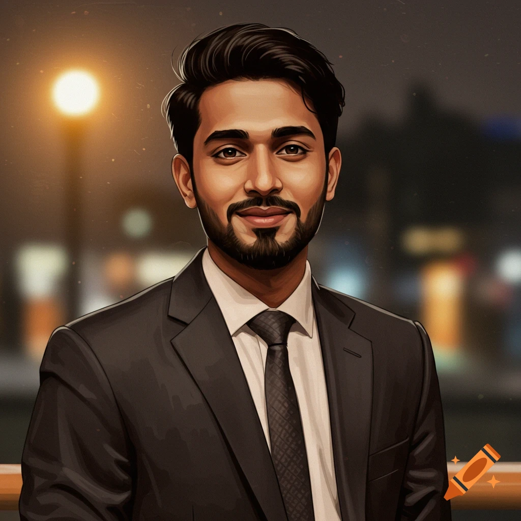 A stylized portrait of a man in a black suit and tie smiling.