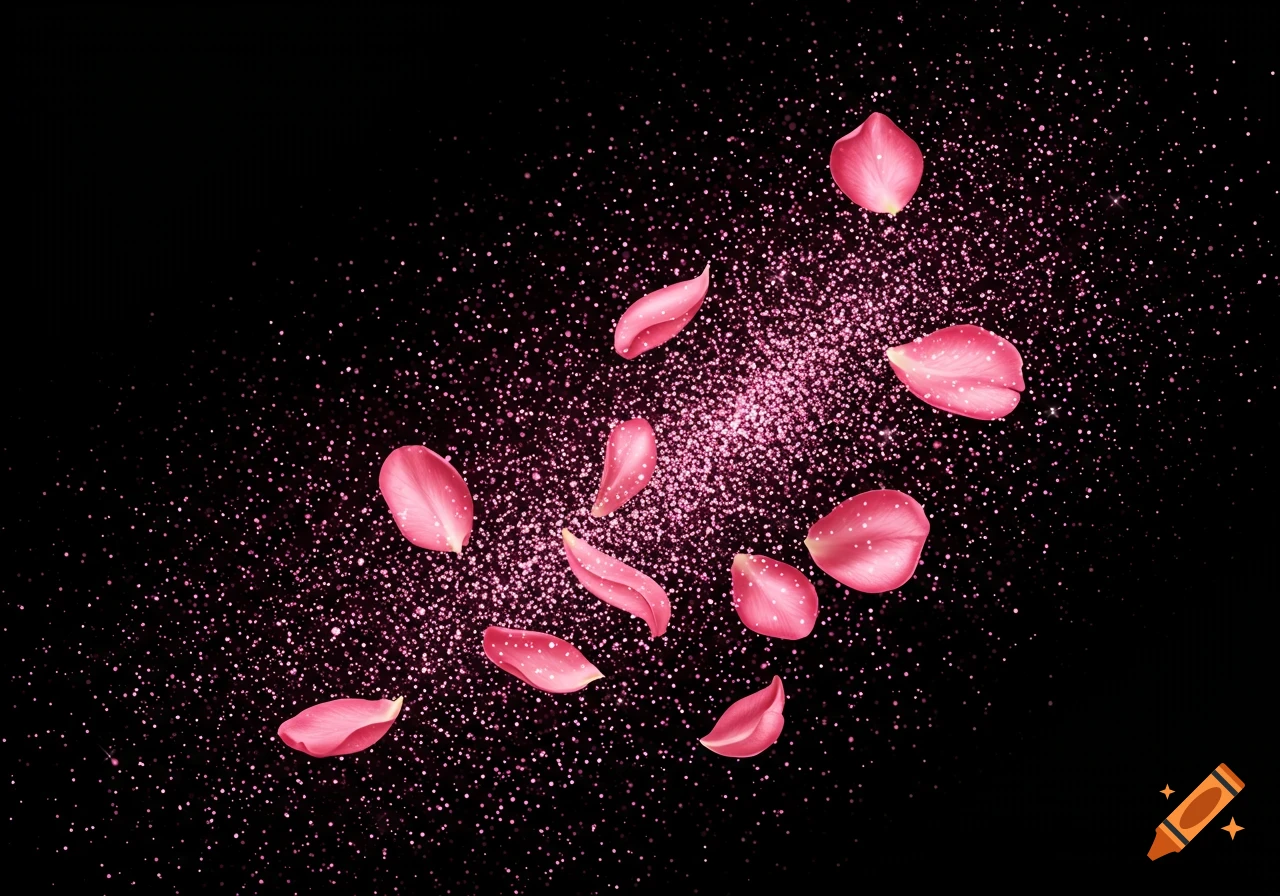 Pink rose petals and pink glitter scattered on a black background.