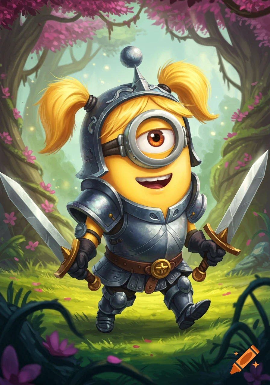 A cartoon minion in knight armor with pigtails holds two swords in a fantasy forest illustration.
