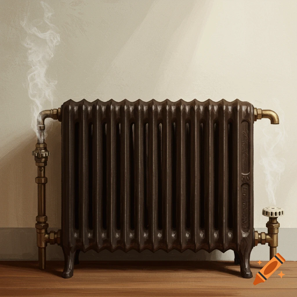 Dark cast iron steam radiator with brass pipes sits in a room corner, emitting steam. Painterly style.