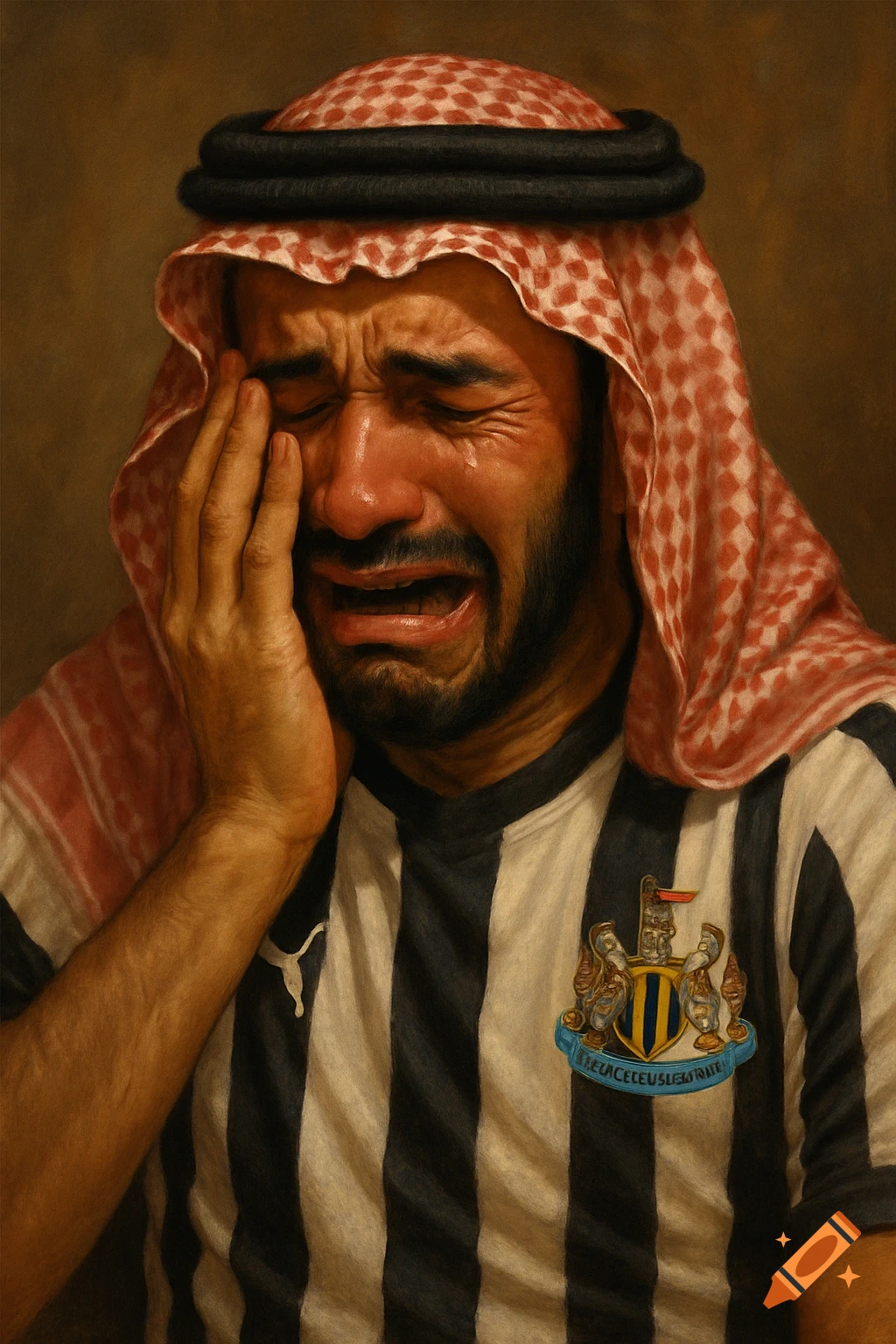 Painting of a crying man in traditional Saudi headwear and a Newcastle United shirt.