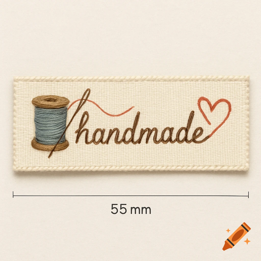 Sewing label with 'handmade' text, thread spool, and heart, showing 55mm dimension.