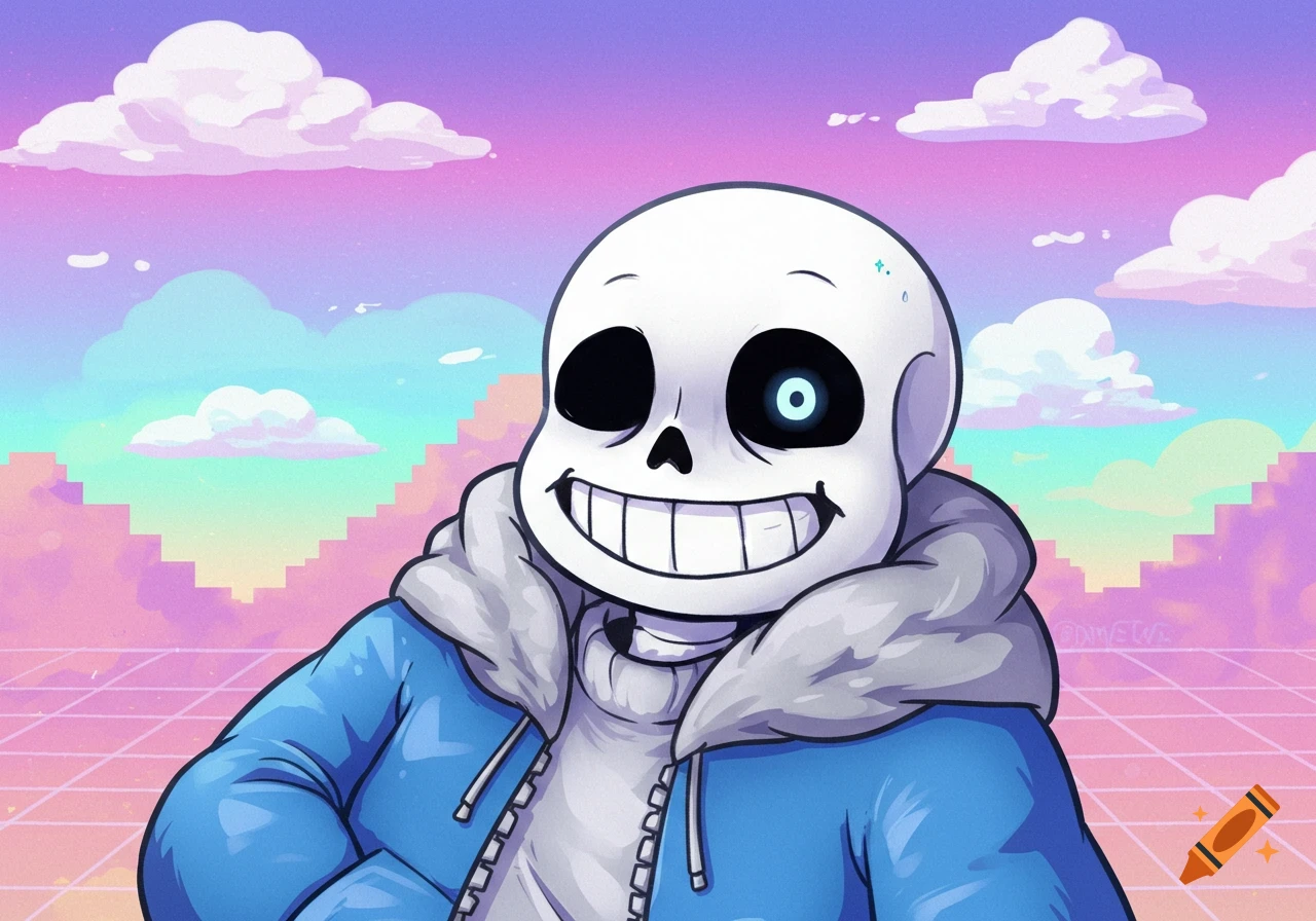 Cartoon skeleton character Sans from Undertale smiling against a pastel retrowave background with clouds.