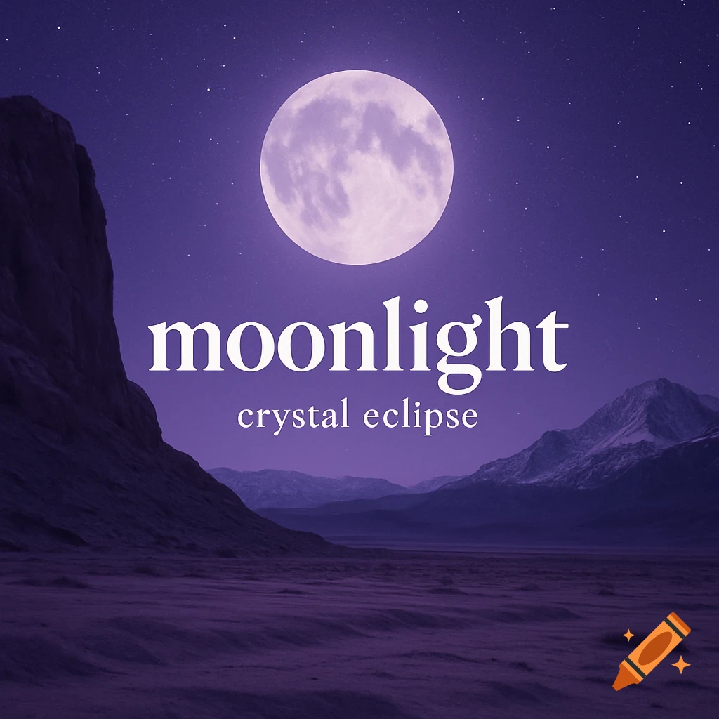 Surreal night landscape with full moon, mountains, desert, stars, and text 'moonlight crystal eclipse'.