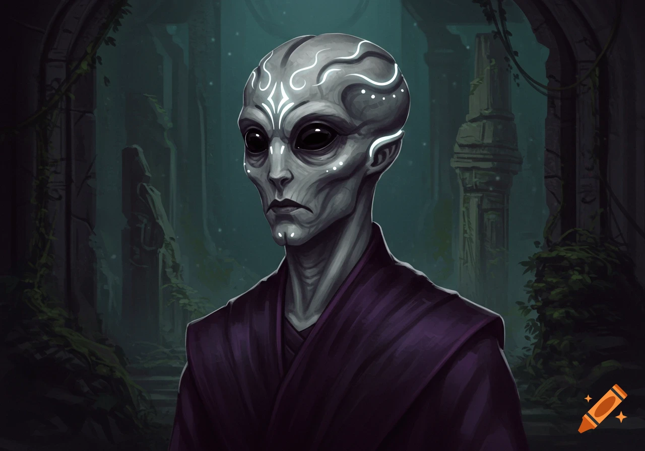 Detailed portrait of a grey alien with dark eyes and glowing head markings, wearing a purple robe in ancient ruins.