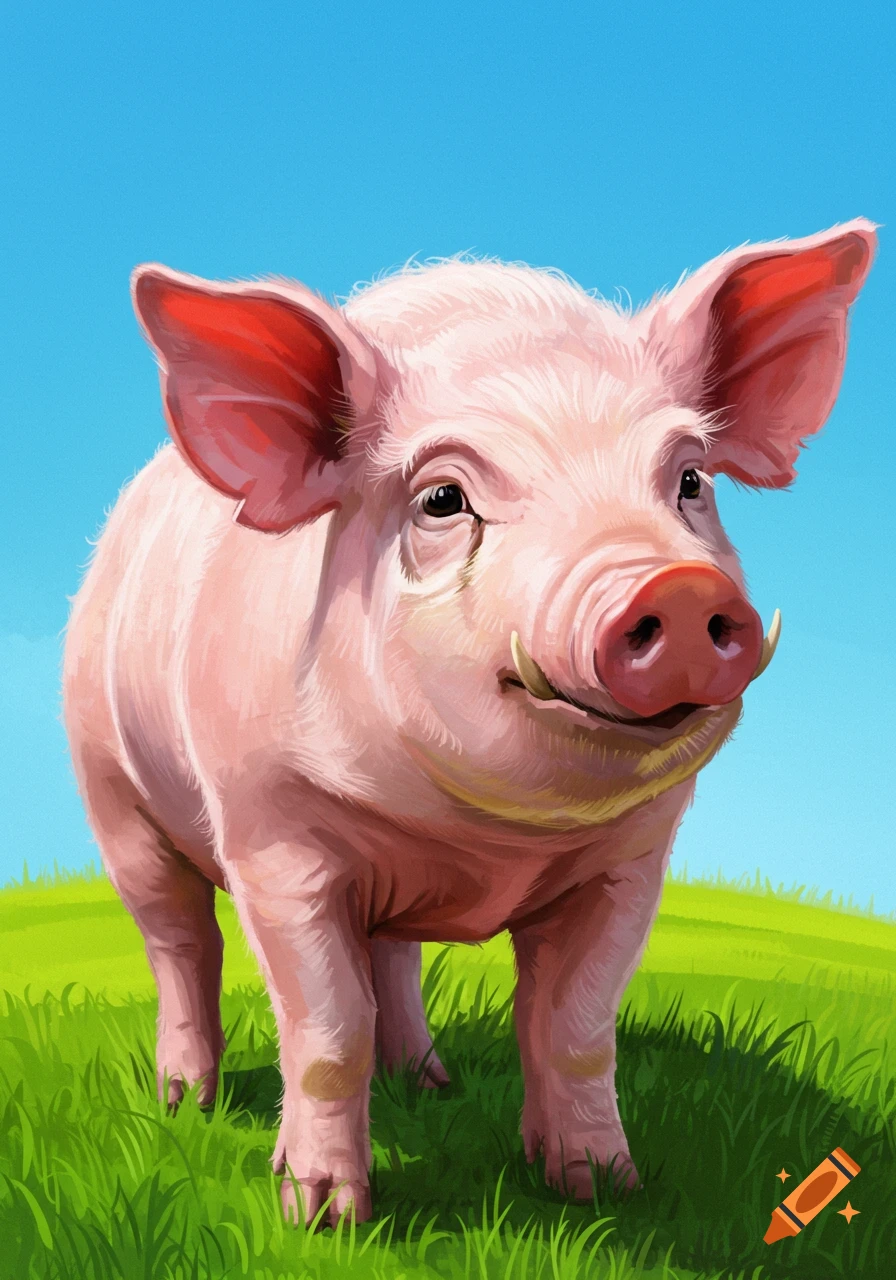 An illustration of a pink pig standing in green grass under a blue sky.
