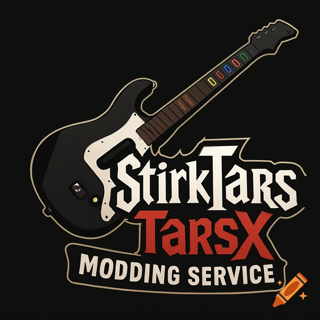 Graphic of a black guitar controller with colored buttons and a logo for a modding service below.