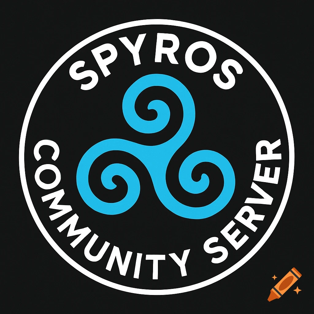 Logo with 'SPYROS COMMUNITY SERVER' text in a circle around a blue swirling symbol on a black background.
