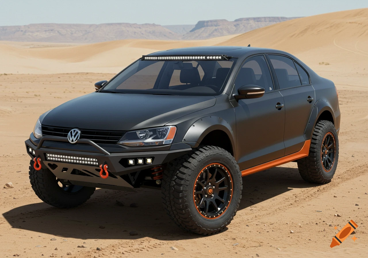 Modified gray Volkswagen Jetta off-road vehicle in a desert setting