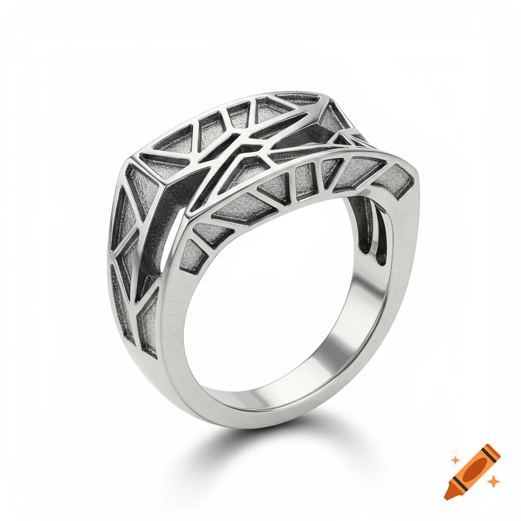 A silver ring with a geometric pattern.