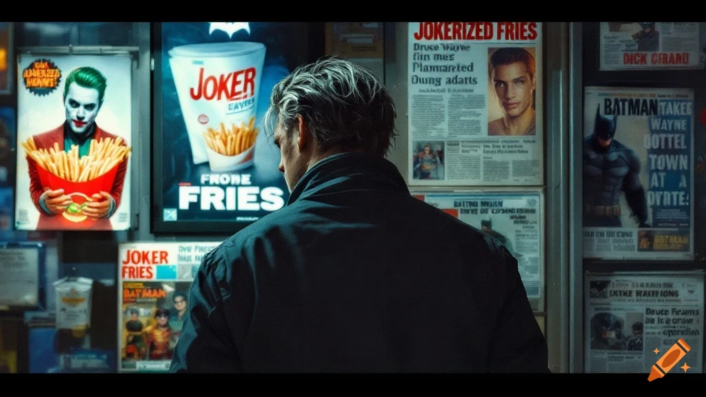 Man seen from behind looks at newspaper stand with Batman and Joker posters in a cinematic style.