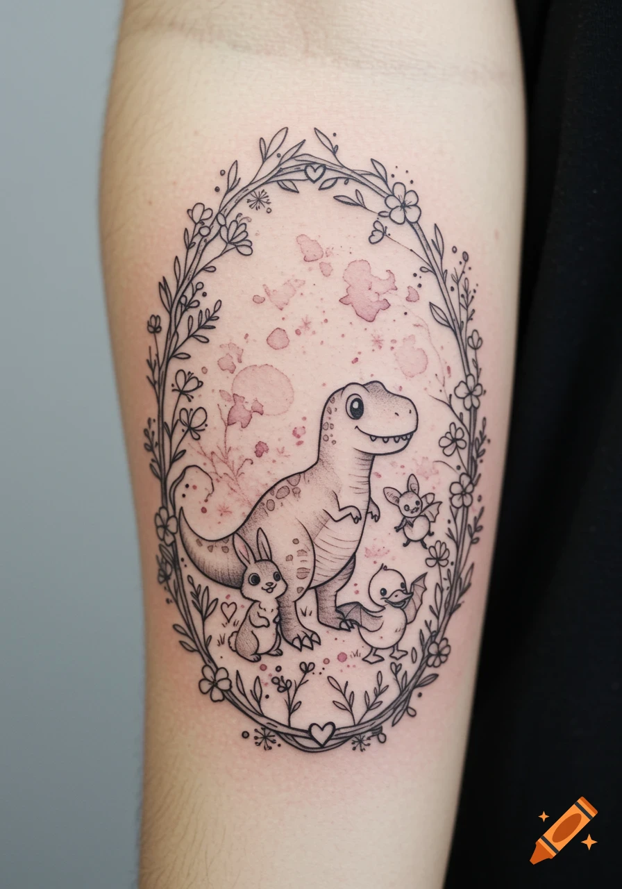 Cartoon dinosaur, bunny, bat, and duck in a floral frame tattoo with watercolor background.
