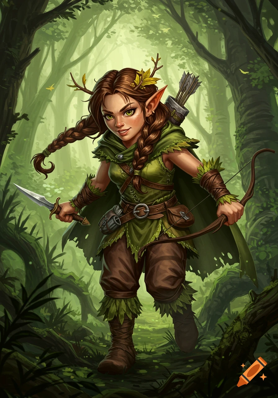 Fantasy illustration of a female forest gnome rogue in green clothing, holding a dagger and bow in a forest.