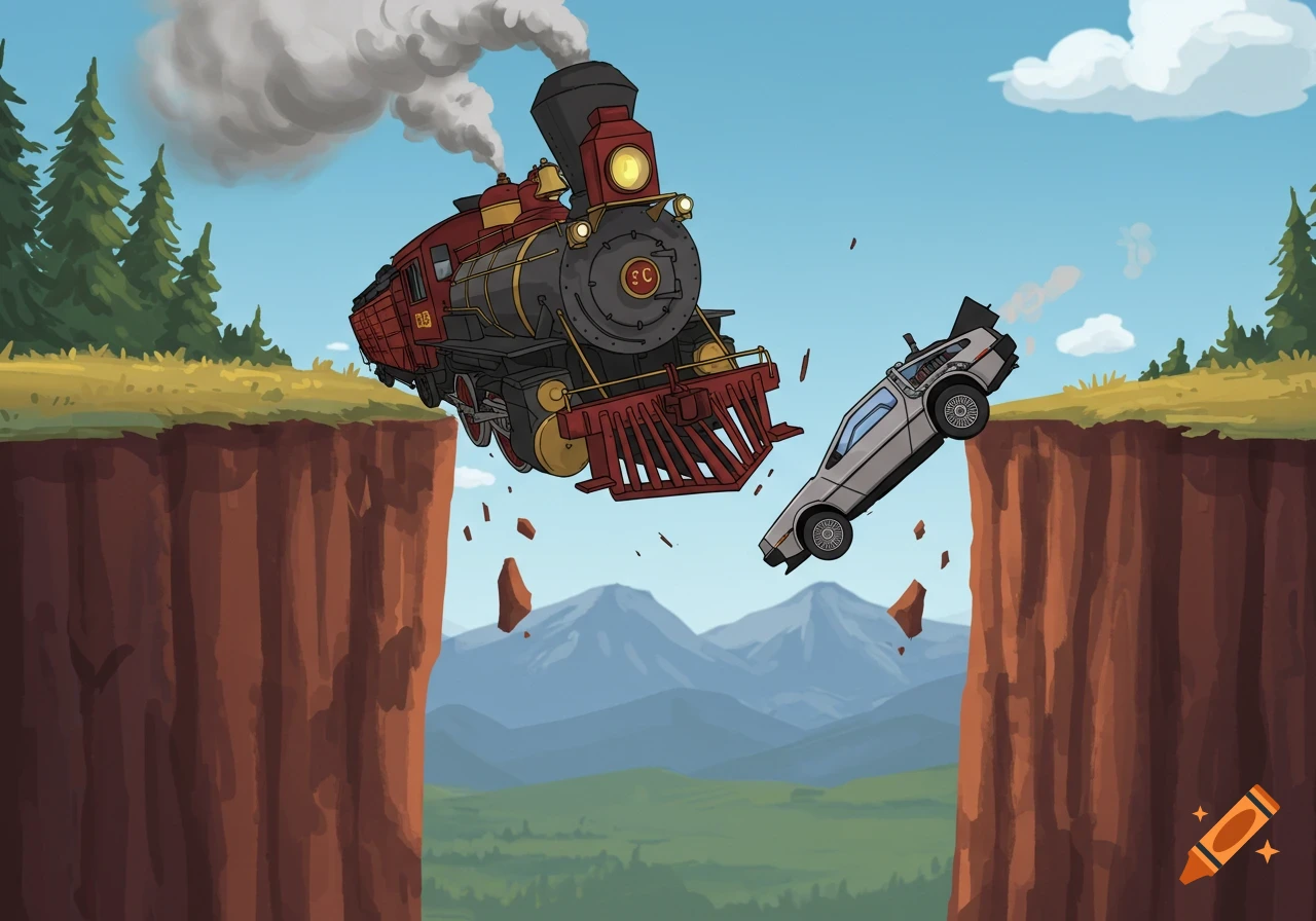 A cartoon train and a Delorean fall off a cliff edge.