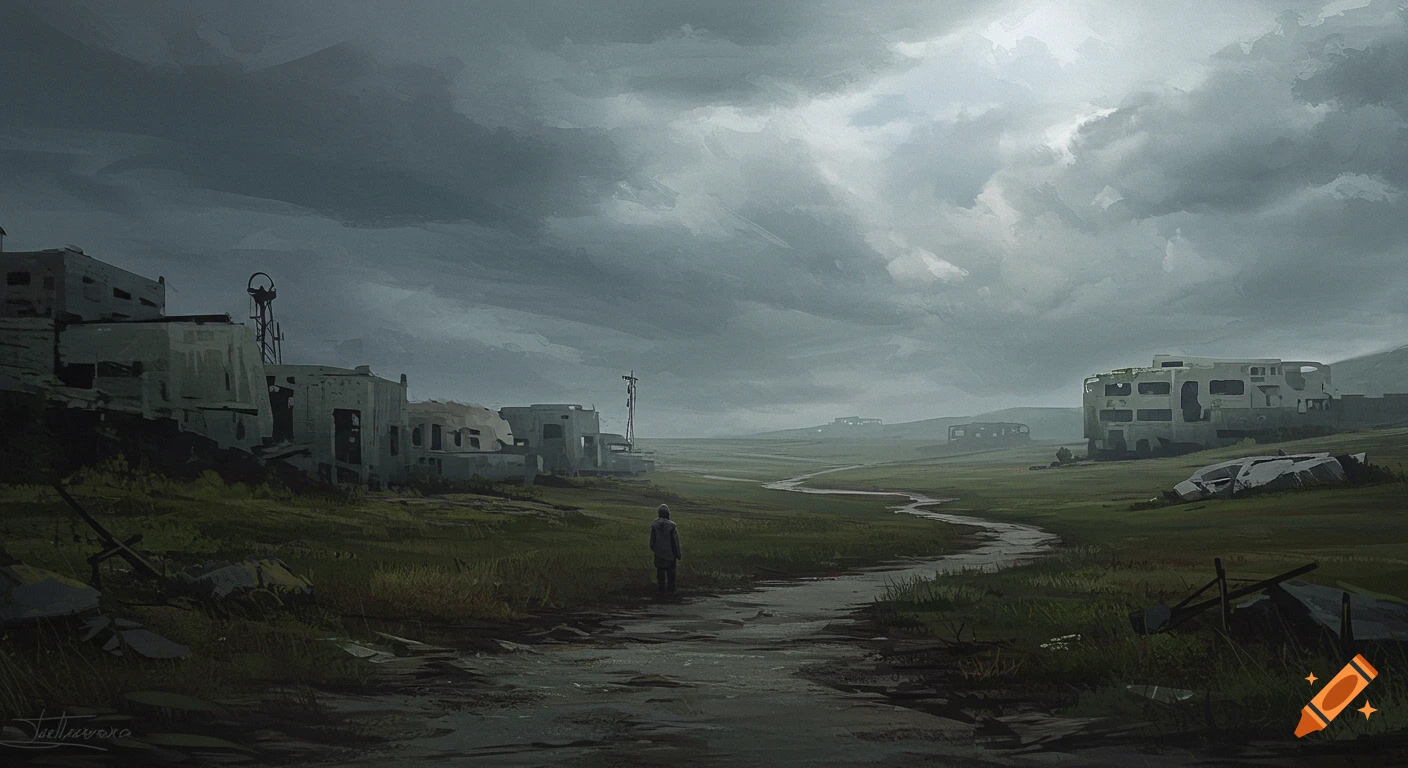 Digital painting of a figure walking down a path through ruined buildings under a cloudy sky.
