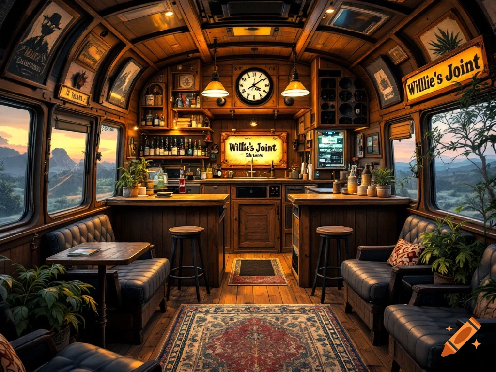 Interior of a rustic, wood-paneled bar designed like a train car or bus, featuring a sign that reads "Willie's Joint" with large windows showing a landscape.