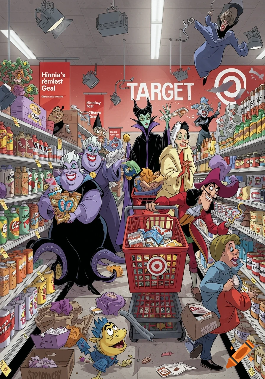 Cartoon of Disney villains like Ursula, Maleficent, and Captain Hook shopping and looting in a Target store.