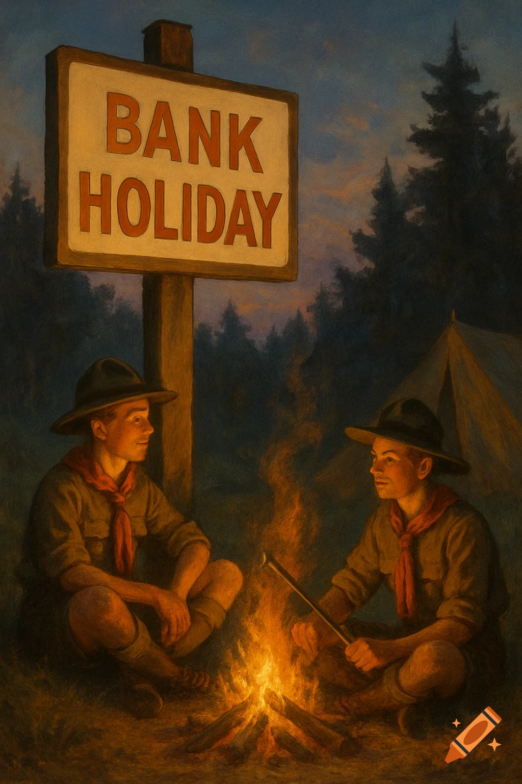 Two scouts by campfire next to BANK HOLIDAY sign, illustration style