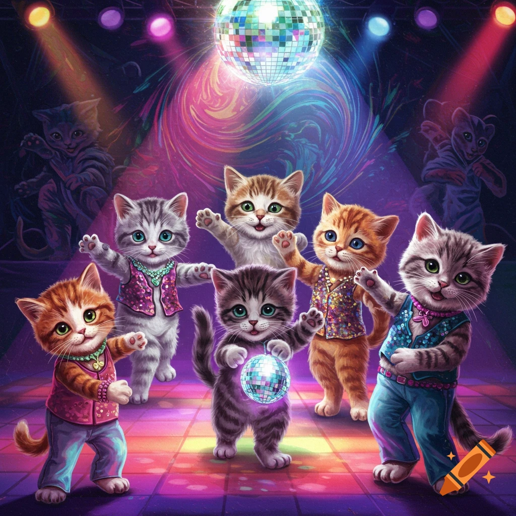 Cute kittens in sparkly outfits dancing on a disco floor under a disco ball.
