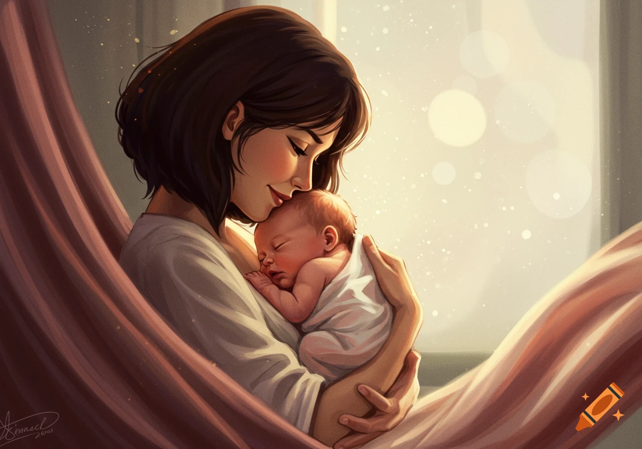 An illustration of a mother gently holding a sleeping baby in warm light.