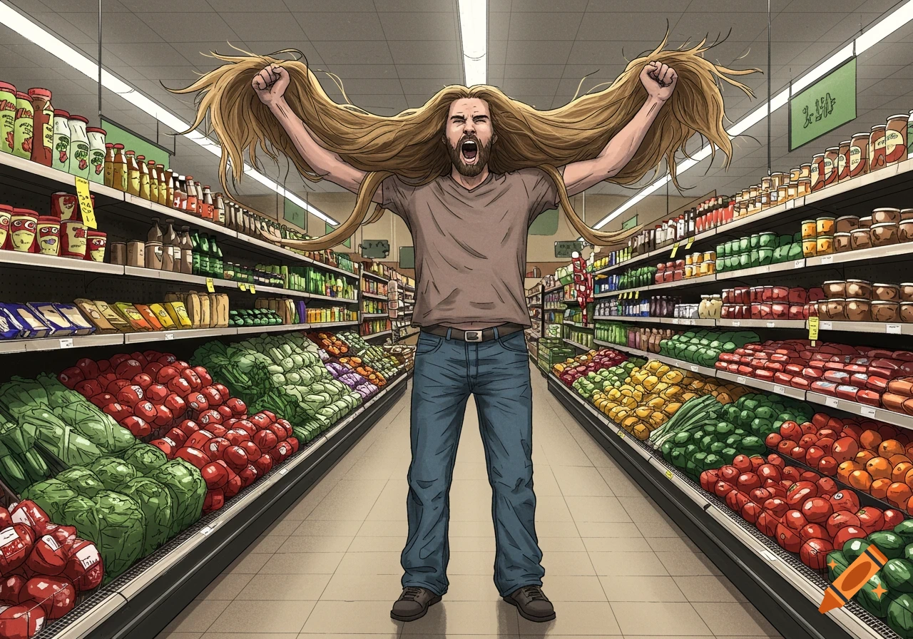 Illustration of a man with long hair shouting in a grocery store aisle.