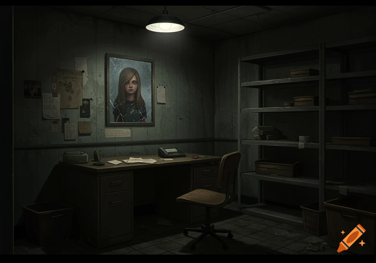 Dark, gloomy room with a desk, shelves, and a framed portrait of a sad girl on the wall.
