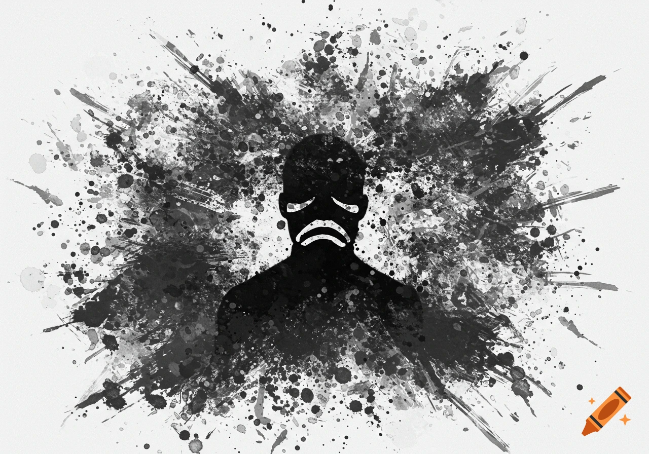 Black and white illustration of a sad man silhouette engulfed in paint splatters.